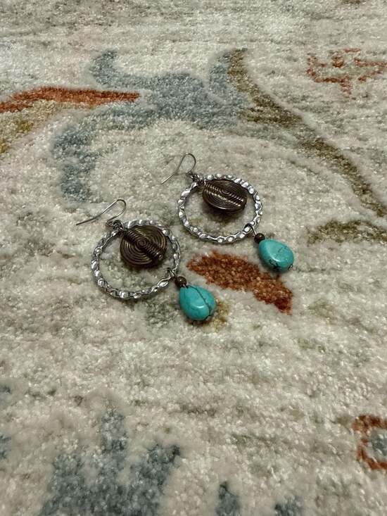 Handmade Mixed Metal Hoop Dangle Earrings with Turquoise Teardrops and Copper Sp - Picture 3 of 5